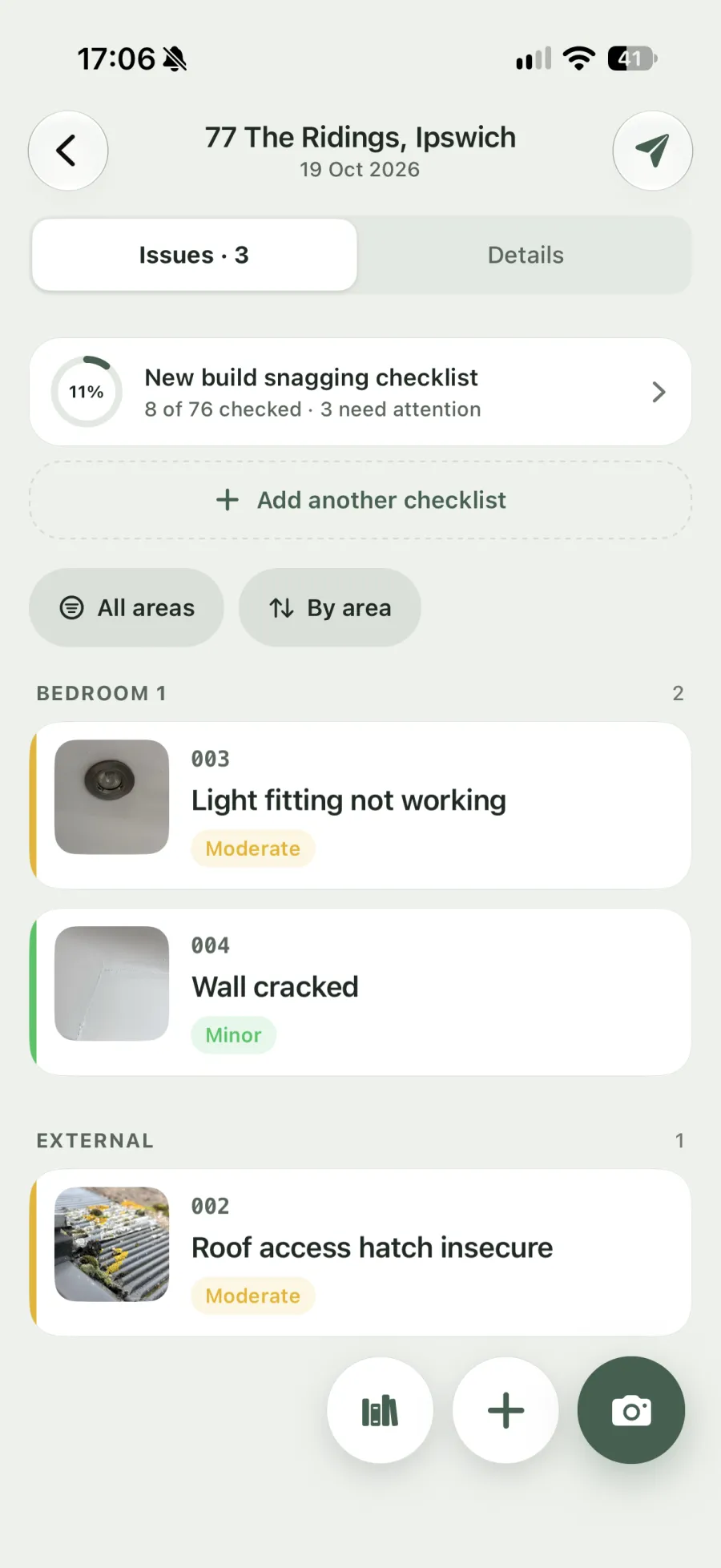 A snag in SiteSnag with photos, defect wording, severity and trade