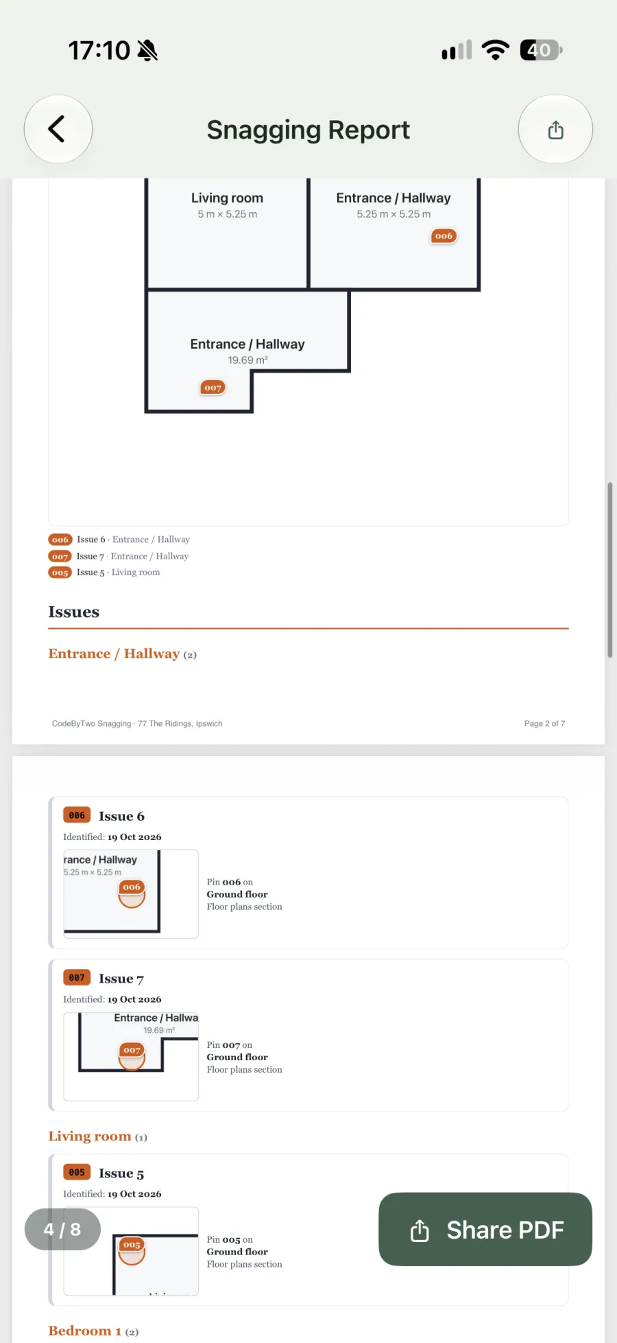 Example page from a SiteSnag PDF snagging report, with snags pinned on the floor plan